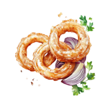 Delicious crispy fried onion rings with red onion art isolated on transparent background png