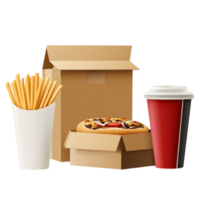 Delicious pizza fries and drink ready for fast delivery isolated on transparent background png