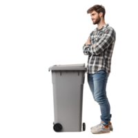 Man standing next to a trash can waste management concept isolated on transparent background png