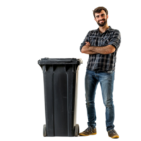 Man with arms crossed next to a trash can full length isolated on transparent background png