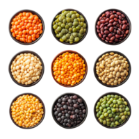 Various lentils and beans in bowls on a plain background isolated on transparent background png