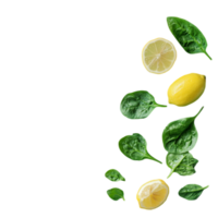 Fresh spinach and lemon arrangement on a plain surface isolated on transparent background png