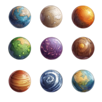 Collection of fantasy planets for game design elements isolated on transparent background png