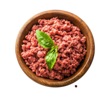Ground meat in wooden bowl with basil leaf garnish view isolated on transparent background png