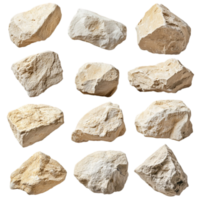 Collection of natural light beige color rock specimens isolated on transparent background png