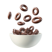 Delicious chocolate rings falling into a white bowl isolated on transparent background png
