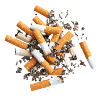 Collection of cigarette butts and ash top down view isolated on transparent background png