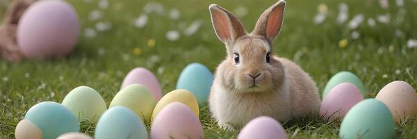 A bunny is surrounded by colorful eggs photo