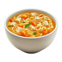 Delicious chicken noodle soup bowl with fresh vegetables isolated on transparent background png