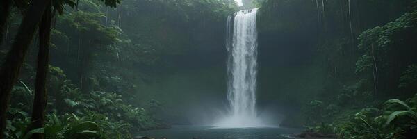 A waterfall in the jungle with a large tree in the middle photo