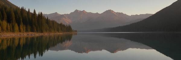 A mountain range is reflected in a lake photo