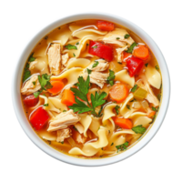 Bowl of noodle soup with poultry and fresh vegetables isolated on transparent background png