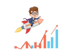 Businessman on a rocket soaring towards financial growth with chart showing business rising png