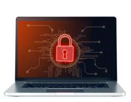 Laptop with a digital lock symbolizing cybersecurity and data protection in a red circuit board. png