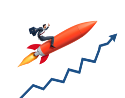Business man on a rocket with a rising graph symbolizing growth and success. png