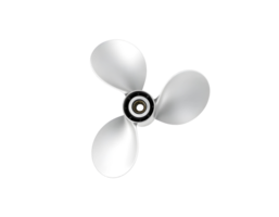 Close-up of a three-bladed silver propeller, isolated against a transparent background. png
