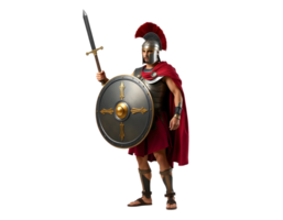 Roman soldier in full armor holding a sword and shield. png