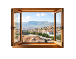 Open window with a beautiful view of a town and mountains under a blue sky png
