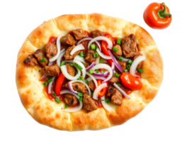 Pizza with meat, red peppers, onions and tomatoes png
