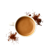 Coffee cup with scattered coffee grounds on a transparent background, top view. png