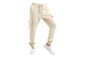 Beige cargo joggers with white sneakers on a transparent background png