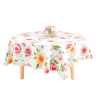 Round table with floral tablecloth and vase png