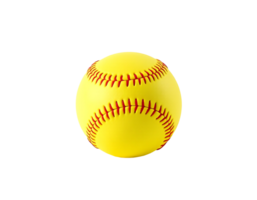 A close-up of a yellow softball with red stitching. png