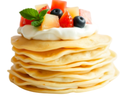 Stack of pancakes with fruit and whipped cream png