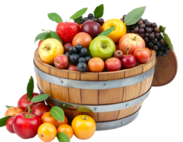A wooden basket overflowing with a colorful mix of fresh fruits png