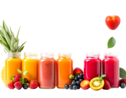 Assortment of colorful fruit juices in bottles with fresh fruits png