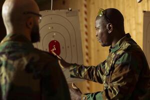 Military units at shooting range training necessary combat skills, hitting targets. Army special operations forces enhancing combat readiness by shooting bullseyes, testing precision photo
