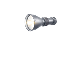 A silver flashlight, illuminated with bright light, isolated on a transparent background png