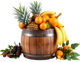 A barrel filled with various fresh and ripe fruits, including pineapples, oranges, and bananas. png