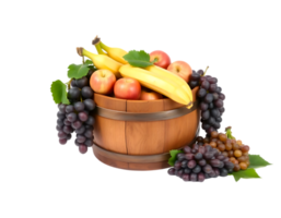 A wooden bucket overflowing with ripe grapes, apples, and bananas. png