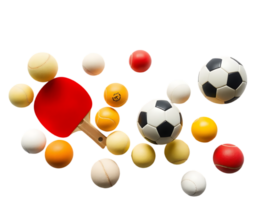 Collection of various sports balls and a ping pong paddle png