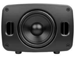 Black rectangular speaker with a large central woofer and two small ports on each side. png