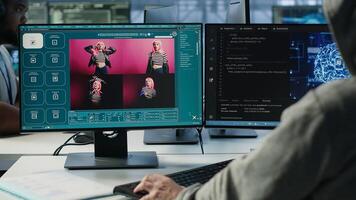 Admin in server hub coding AI program turning text prompt into photos. IT expert in data center using computer to build text to image artificial intelligence generative models, camera A photo