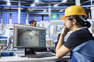 Technical engineer using computer to monitor solar panel assembly line in high tech factory Professional troubleshooting photovoltaic equipment, ensuring seamless production workflow photo