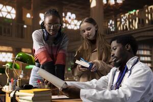 Diverse group of learners engages in a discussion with physician tutor, utilizing textbooks and class notes. Using university library resources to expand their medical knowledge on medicine research. photo