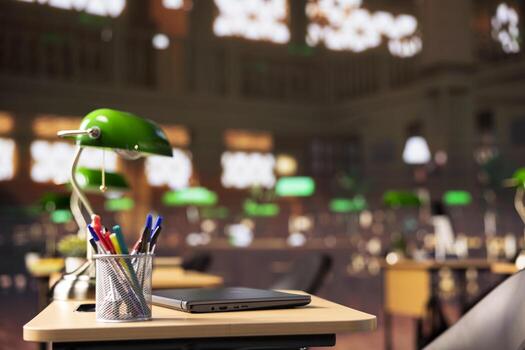 Empty university library used for the general database collection of academic books used for research. Higher education primary source used for self development and self learning, school campus. photo