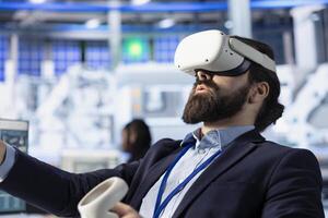 Photovoltaics factory technician utilizing virtual reality tech to optimize production line efficiency. Solar panels plant expert uses VR gear for workflow enhancement of assembly processes, close up photo