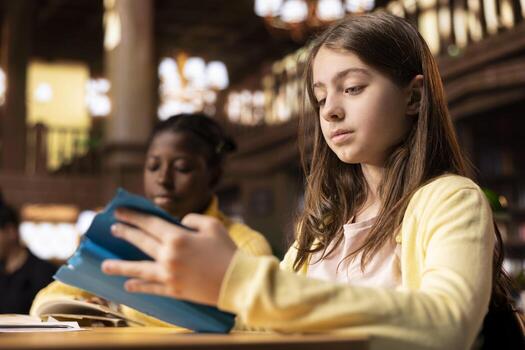 Diverse scholars focused on reading books at the school library, focusing on literature and knowledge while they are preparing for their academic lessons and school assignments. photo