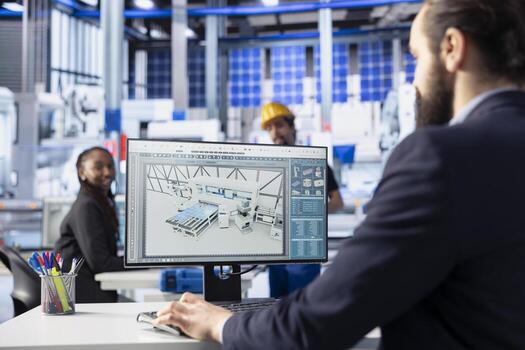 Photovoltaics factory engineer conducts simulations and performance testing of solar panel designs. Employee improving existing solar panel configurations for cost reduction and efficiency photo