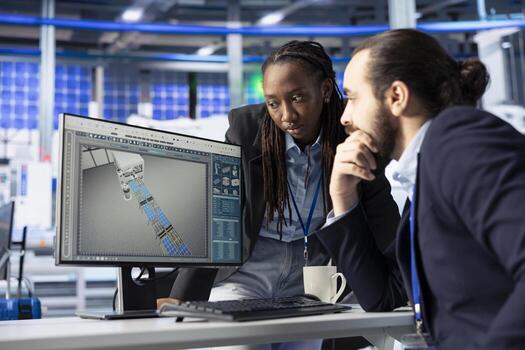 Solar panel facility workers talking, cooperating and reviewing photovoltaic system performance. Coworkers doing brainstorming, analyzing production metrics in industrial plant to optimize efficiency photo