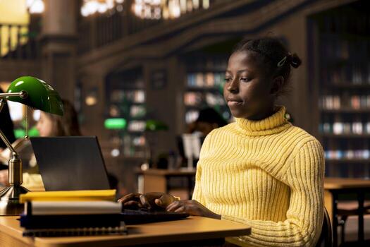 Preteen working on a foreign language assignment in the school library, consulting books and dictionaries to finish the homework project. Productive study habits and research at desk. photo