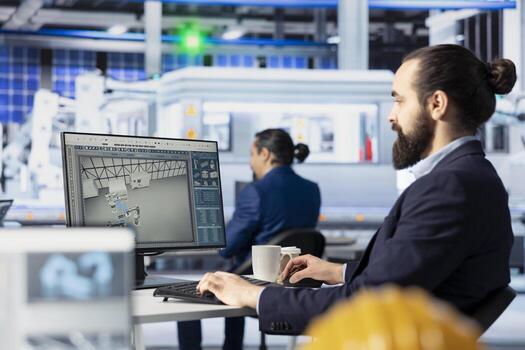 Solar panels manufacturing engineer researching and developing new photovoltaic materials and technologies. Photovoltaics factory expert conducts experiments to test new solar panel concepts photo