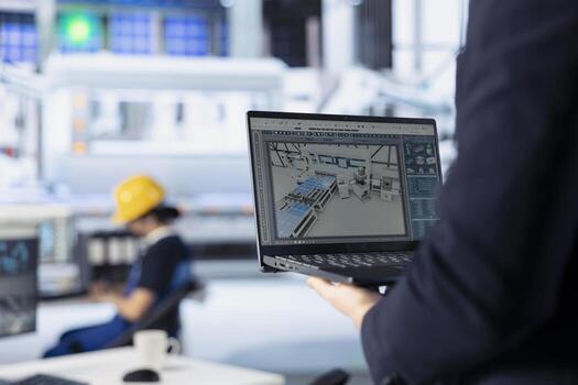 Photovoltaics factory technician using laptop to do performance testing of solar panel designs. Employee improving existing solar panel configurations for cost reduction using notebook, close up photo