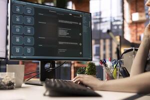 Freelancer woman employs online AI assistant to automate text generation and solve daily tasks easily, enhance productivity at the office. Integration of advanced algorithms and digital tools. photo