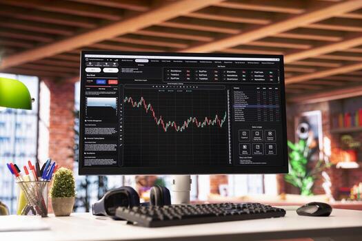 software en ordenador personal pantalla usado para analizando criptomoneda inversión compras cerca arriba de candelero gráfico en computadora monitor demostración financiero ganancias hecho durante oso mercado foto