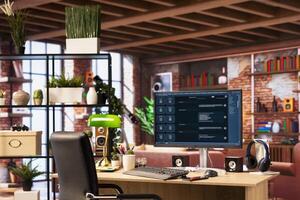 AI LLM chatbot on computer screen in home office designed to understand human language. Artificial intelligence chatbot on monitor trained on data enabling it to perform complex tasks photo